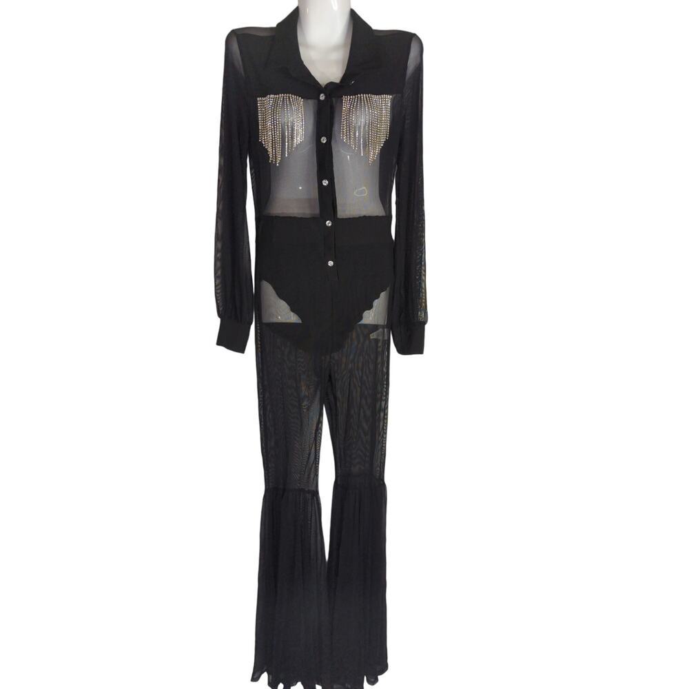 Fashion‎ Nova Womens Bold and Brash Mesh Flare Bottoms Jumpsuits Black MED NWT
